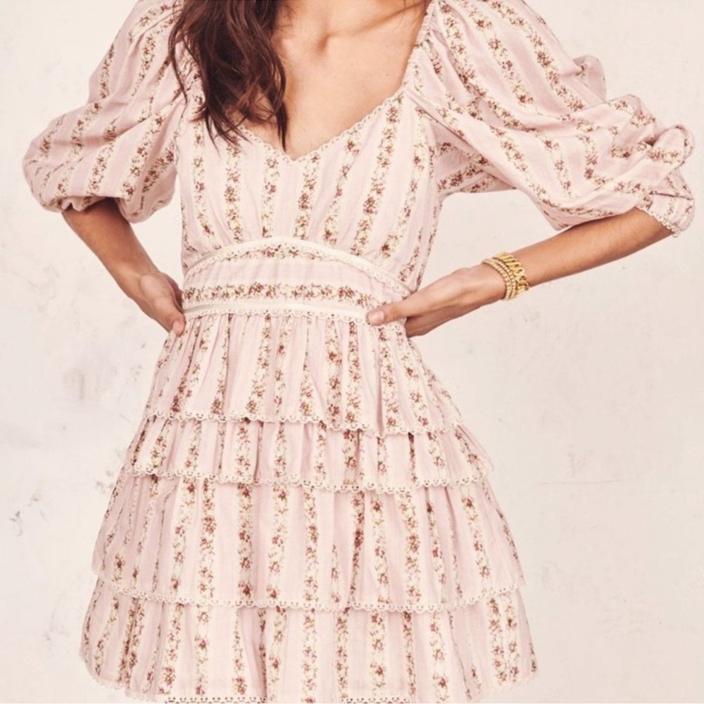 LoveShackFancy Blush Floral Tiered Mini Dress